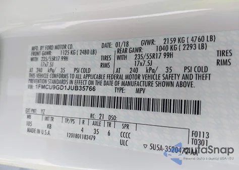 2018 Ford Escape Se z USA, uszkodzony, nr VIN 1FMCU9GD1JUB35766